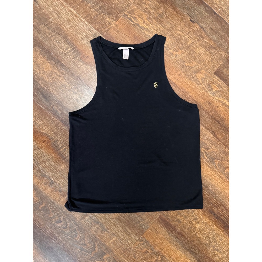 Victoria's Secret Black Tank Top Medium Gold VS Logo Modal Sleeveless